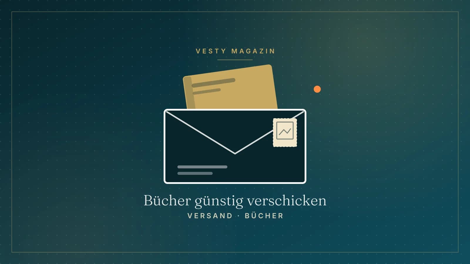 Grafik: ein Buch, das in einen flachen Umschlag mit Briefmarke gleitet, auf petrolfarbenem Grund