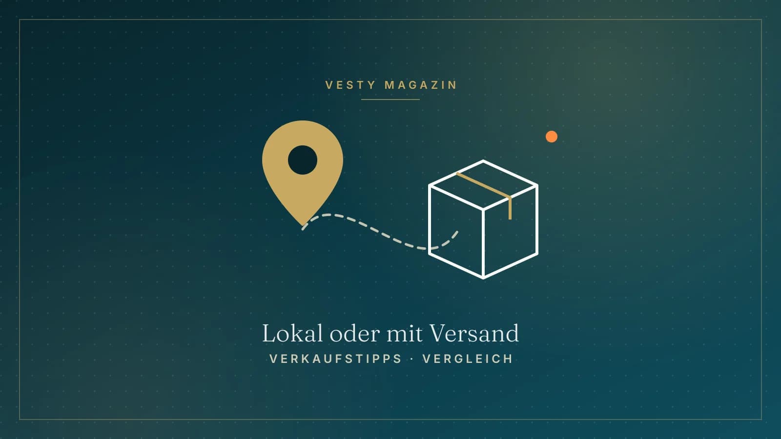 Grafik: ein Standort-Pin und ein Paket, verbunden durch eine gestrichelte Linie, auf petrolfarbenem Grund
