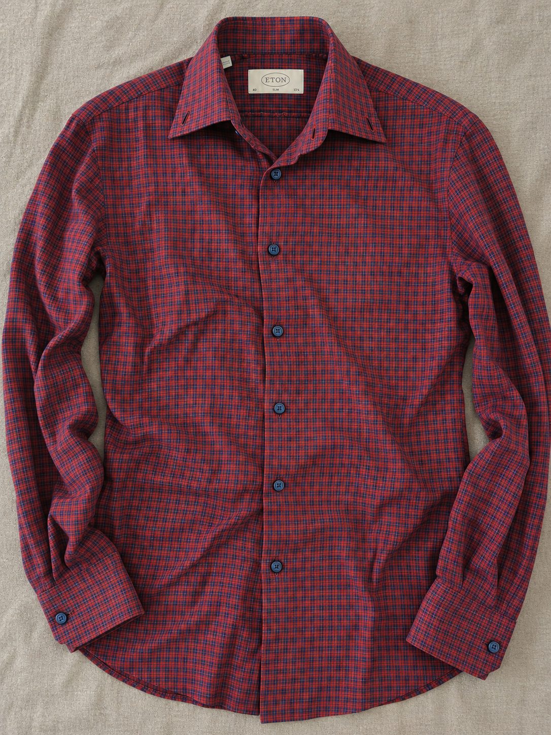 ETON Herrenhemd Slim Fit Gr. 40 M Rot Dunkelblau Kariert 100% Baumwolle