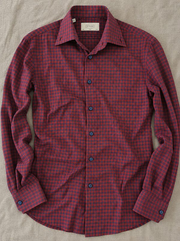 ETON Herrenhemd Slim Fit Gr. 40 M Rot Dunkelblau Kariert 100% Baumwolle
