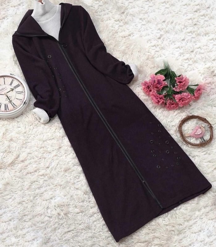 Langer Abaya Mantel mit Kapuze & Reißverschluss – Dunkelviolett – Gr. 7XL