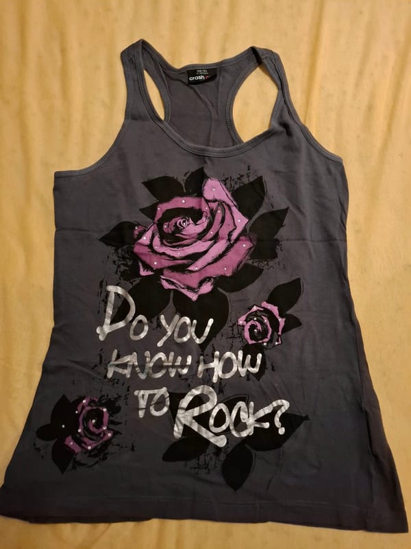 Tanktop Grau mit Rosen-Print „Do you know how to Rock?“ — Bild 1 von 3
