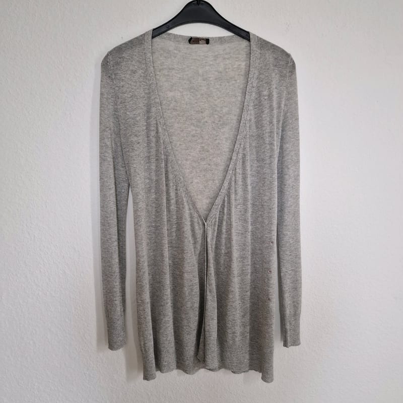 Feiner Strickcardigan, grau meliert, langer Schnitt — Bild 1 von 3