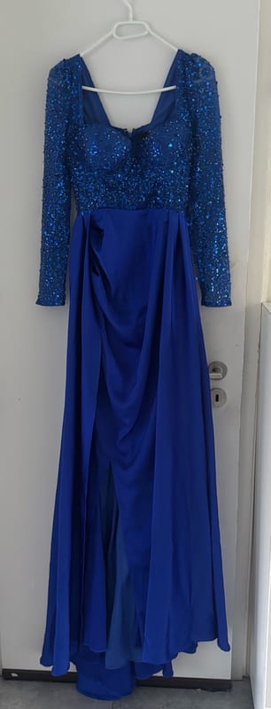 Damen Langes Abendkleid royalblau mit Pailletten und langen Ärmeln – Größe S – Königsblau