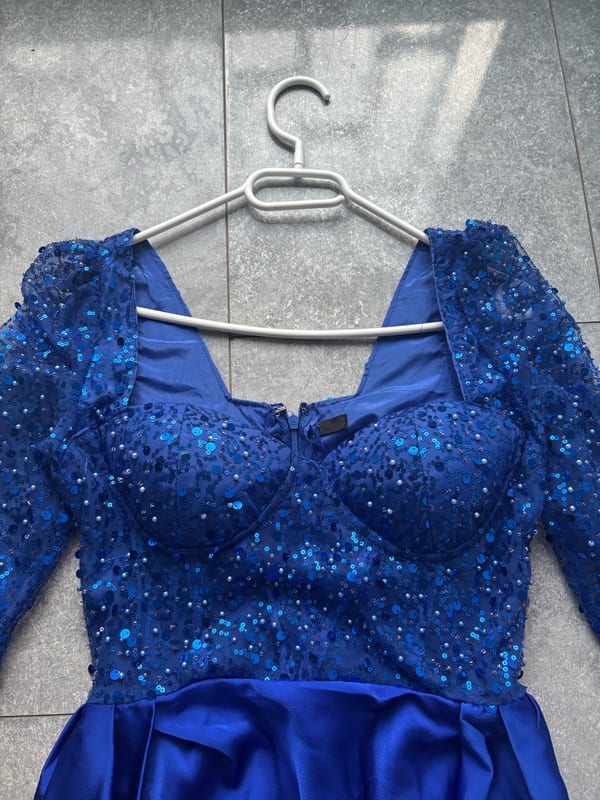 Damen Langes Abendkleid royalblau mit Pailletten und langen Ärmeln – Größe S – Königsblau – Bild 3 von 8