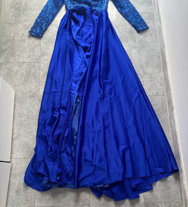Damen Langes Abendkleid royalblau mit Pailletten und langen Ärmeln – Größe S – Königsblau – Bild 4 von 8