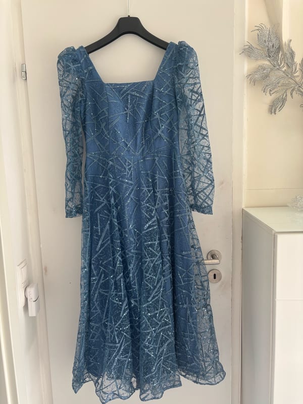 Damen Festliches blaues Kleid mit Glitzer und langen Ärmeln – Größe 40