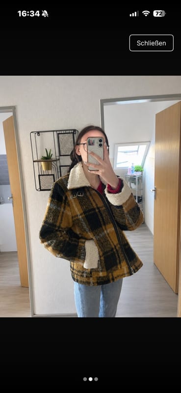 Damen Kariertes Teddy-Fleecejacke mit Umlegekragen – Größe L – Gelb-Schwarz