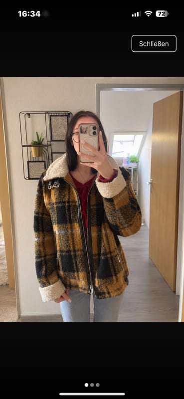 Damen Kariertes Teddy-Fleecejacke mit Umlegekragen – Größe L – Gelb-Schwarz – Bild 2 von 3