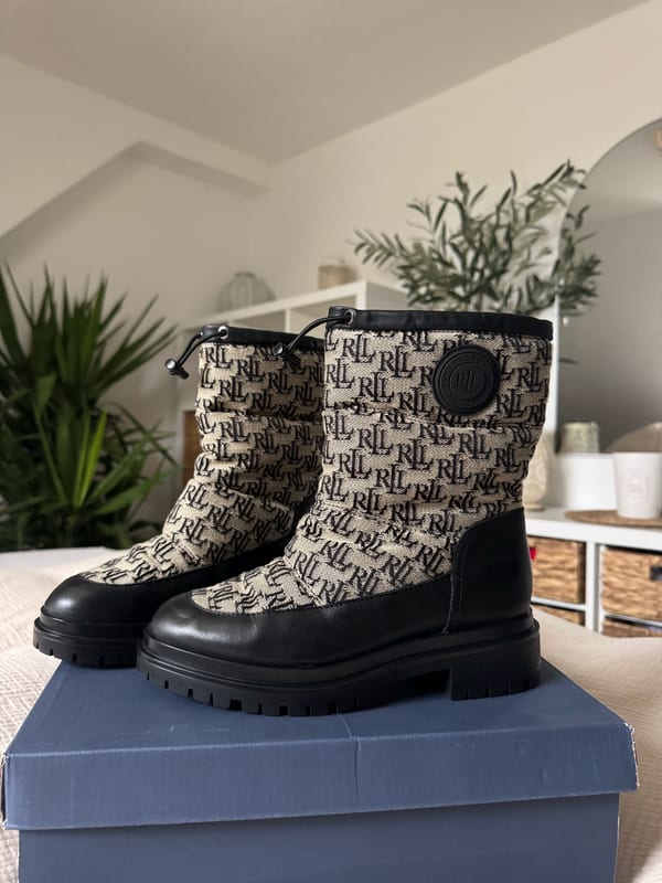 Damen Originale Ralf Lauren Boots Stiefeletten Stiefel Herbst Winter Schuhe – Größe 38 – Schwarz/Beige