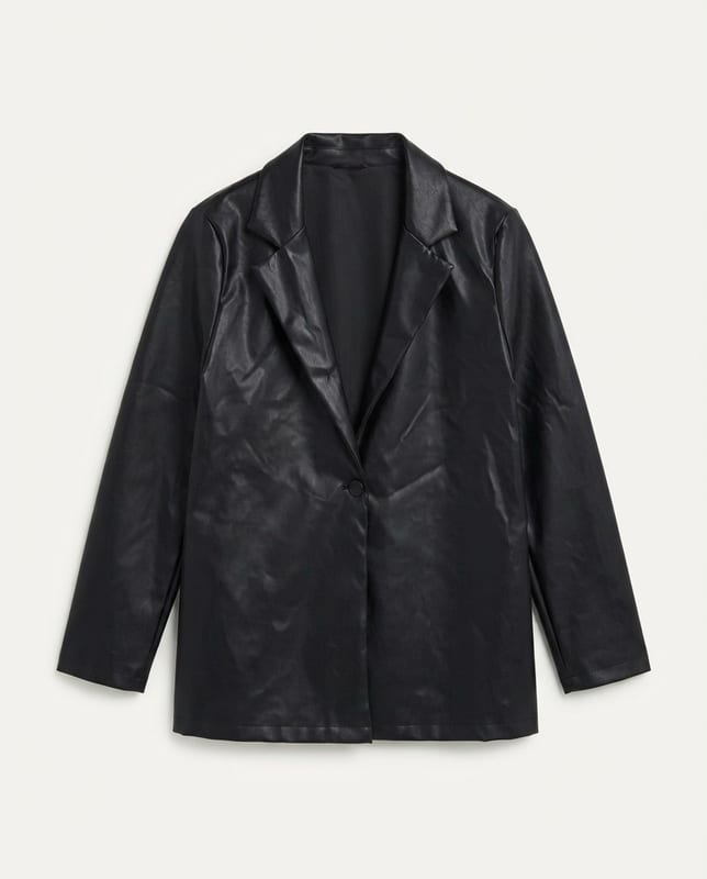 Damen Schwarzer Kunstleder-Blazer, einreihig, Revers