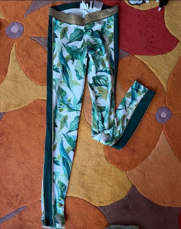 Mädchen Leggings mit Blätter-Print und Goldbund – Größe 170 – Weiß-grün