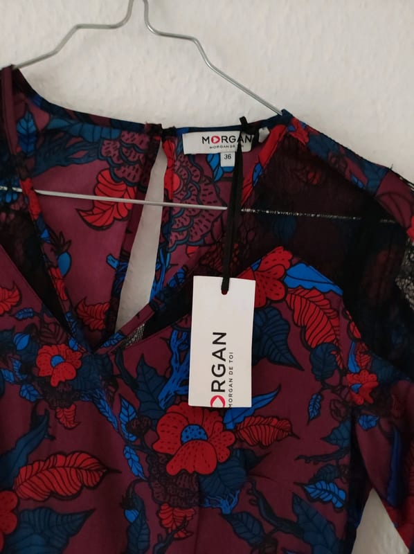 Damen Kleid mit Blumenmuster und Spitzeneinsätzen – Langarm, V-Ausschnitt – Größe 36 – Rot – Bild 5 von 6