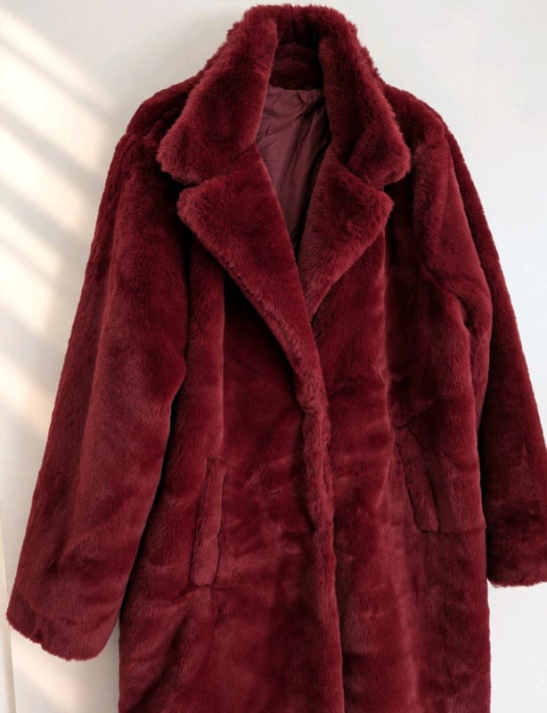 Damen kuscheliger Fake fur Mantel weinrot 38/40 neuwertig – Größe L – Bild 2 von 3