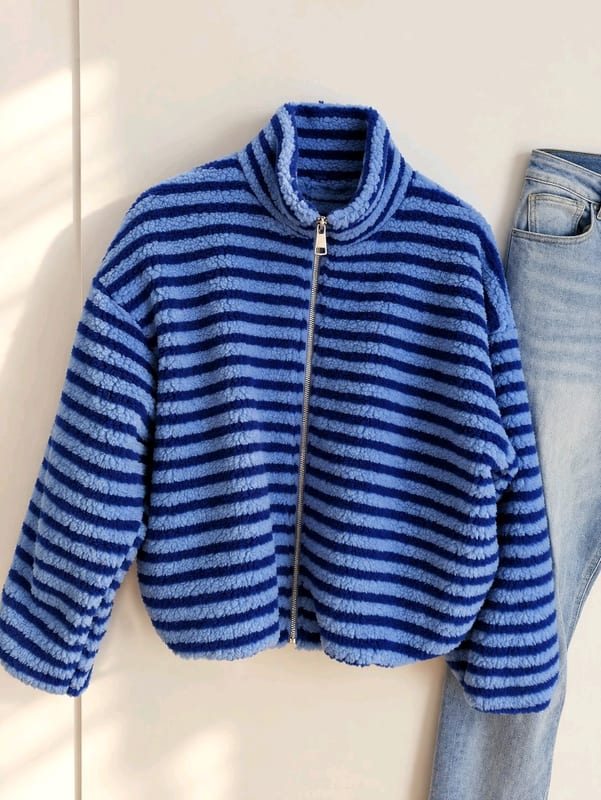 Damen kuschelige Teddyfleece-Jacke Streifen, blau , 38/40 – Größe L