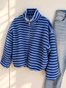 Damen kuschelige Teddyfleece-Jacke Streifen, blau , 38/40 – Größe L – Bild 2 von 3
