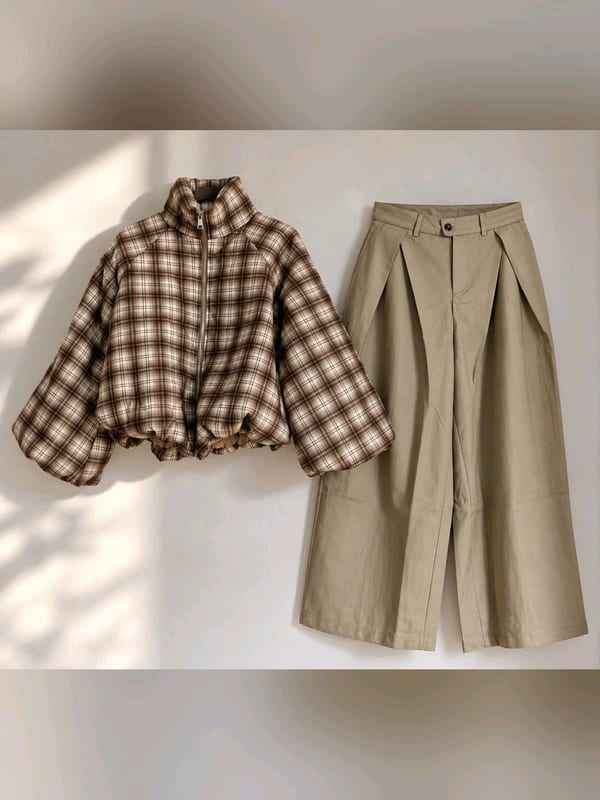 Damen kuschelige Karo Jacke mit Ballonärmeln und Stehkragen / 38 & 40 ungetragen – Größe L – Braun-Beige kariert