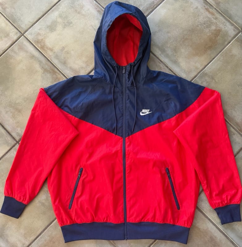 Herren Windbreaker Jacke mit Kapuze – Rot/Marineblau – Größe M