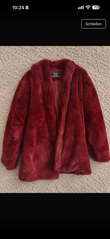 Damen Kuschelige Plüschjacke in Bordeaux-Rot, offene Form – Größe 40 – Bordeauxrot