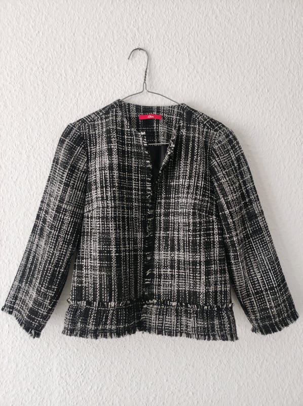 Damen-Blazer mit Bouclé-Struktur und Fransensaum, schwarz-weiß – Größe 36