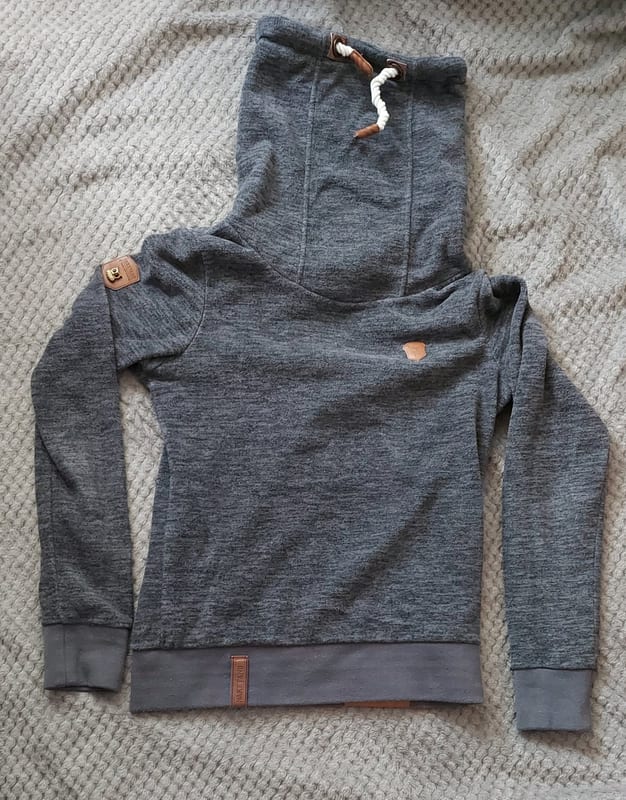 Damen Pullover mit Schalkragen und Kordelzug – dunkelgrau meliert – Größe S