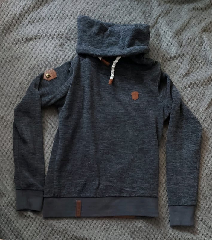 Damen Pullover mit Schalkragen und Kordelzug – dunkelgrau meliert – Größe S – Bild 2 von 3