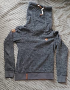 Damen Pullover mit Schalkragen und Kordelzug – dunkelgrau meliert – Größe S
