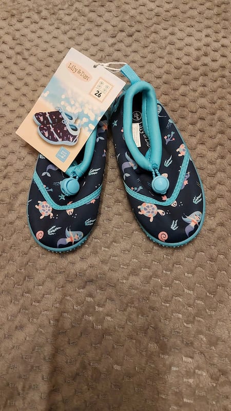 Kinder Badeschuhe mit Meerjungfrau- und Schildkröten-Motiv – Größe 26 – Blau