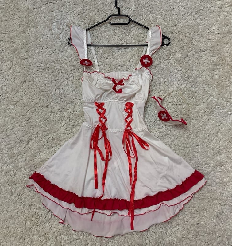 Damen Krankenschwester-Kostüm mit Haube – Kleid – Größe S/M – Weiß-rot