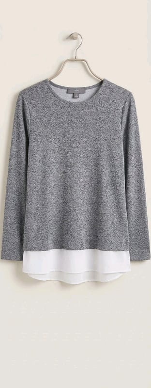 Damen Langarmshirt mit weißem Saum – Grau meliert Gr. M fällt groß aus