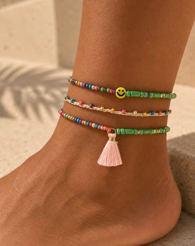 Damen 3er Set Fußkettchen mit Smiley und Quaste – Grün/Blau/Gelb