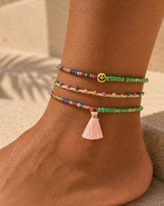 Damen 3er Set Fußkettchen mit Smiley und Quaste – Grün/Blau/Gelb