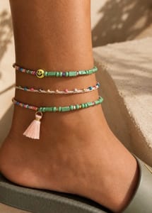 Damen 3er Set Fußkettchen mit Smiley und Quaste – Grün/Blau/Gelb – Bild 4 von 4