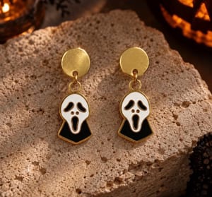 Damen Halloween Ohrhänger mit Geistermaske – Gold und Schwarz-Weiß – Bild 2 von 3