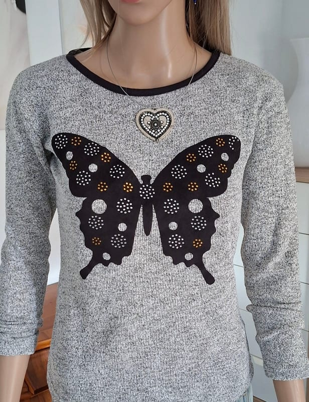 Damen Pullover Shirt Herbst tailliert grau mit Motiv 36/S Pullover – Größe 36 – Grau-schwarz – Bild 2 von 6