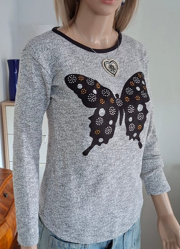 Damen Pullover Shirt Herbst tailliert grau mit Motiv 36/S Pullover – Größe 36 – Grau-schwarz