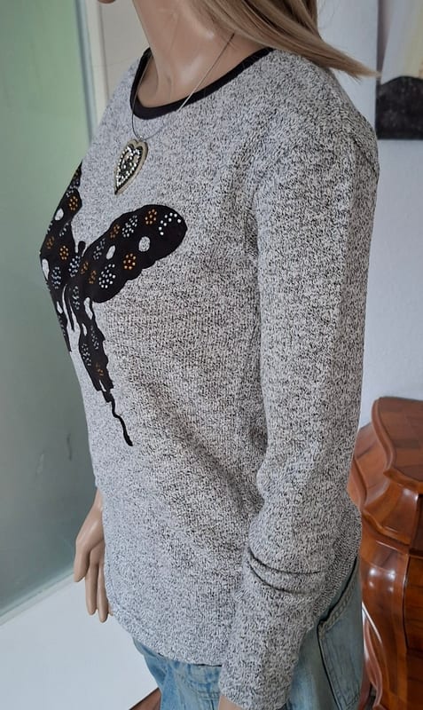 Damen Pullover Shirt Herbst tailliert grau mit Motiv 36/S Pullover – Größe 36 – Grau-schwarz – Bild 6 von 6