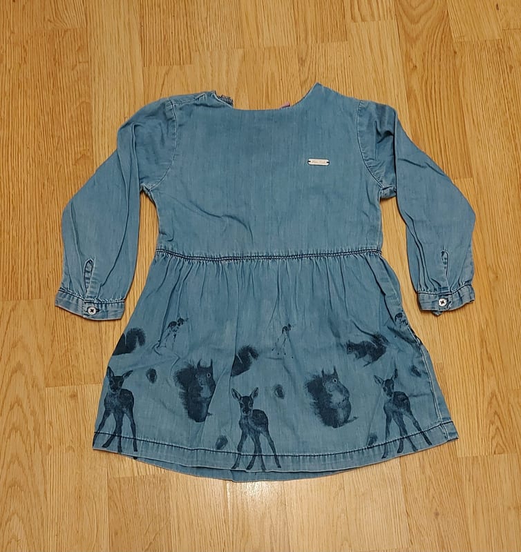 Mädchen Jeanskleid mit Waldtier-Motiven, langarm – Größe 92 – Blau