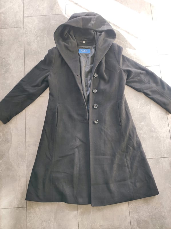 Damen Langer schwarzer Wollmantel mit Kapuze – Größe 42 – Bild 6 von 6