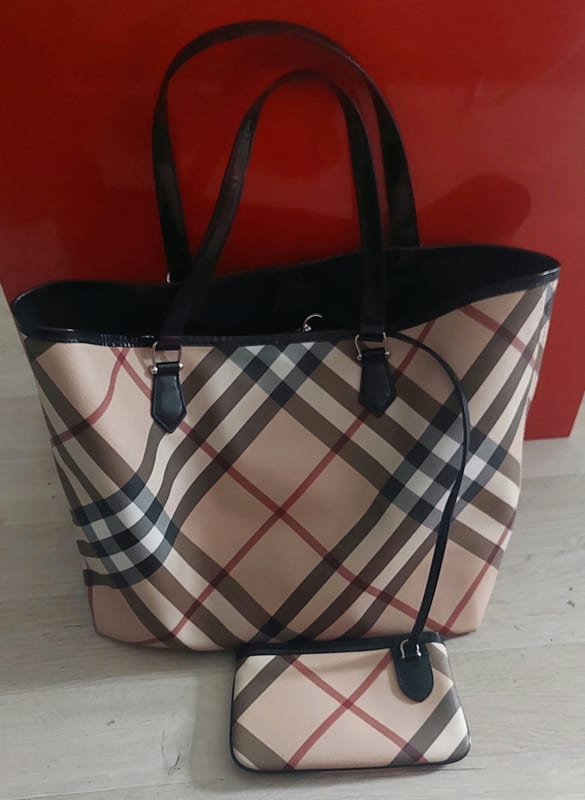 Damen NEU: Große Shopper Tasche im Karo-Design mit kleiner Pouch / Innentasche – Beige/Schwarz/Weiß