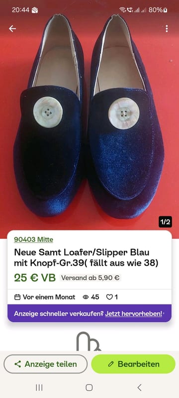 Damen Samt Loafer/Slipper in Blau mit Knopf 38 – Größe 38 – Bild 3 von 3