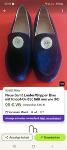 Damen Samt Loafer/Slipper in Blau mit Knopf 38 – Größe 38 – Bild 3 von 3