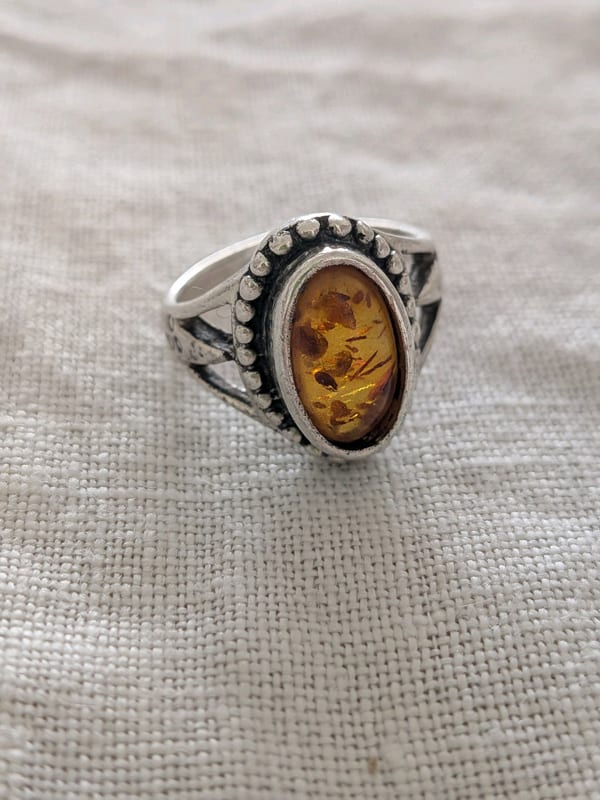 Vintage Damen Silberring mit ovalem Bernstein-Stein – Größe 51