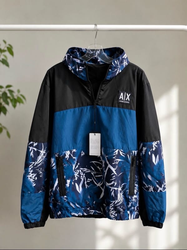 Herren Windbreaker-Jacke mit Kapuze, Schwarz-Blau gemustert – Größe XL