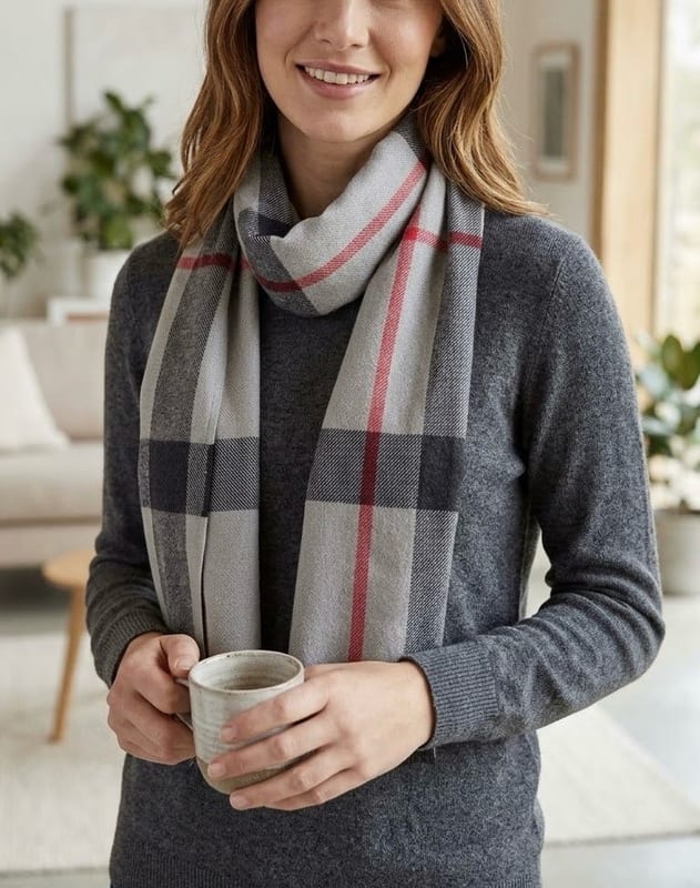 Damen Karierter Schal in Grau mit roten und schwarzen Streifen