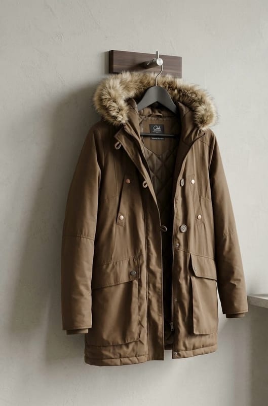 Damen Parka mit Kapuze und Kunstfellbesatz – Braun – Größe 38