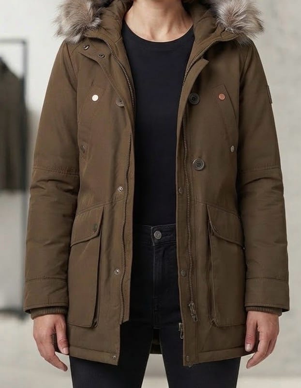 Damen Parka mit Kapuze und Kunstfellbesatz – Braun – Größe 38 – Bild 2 von 11