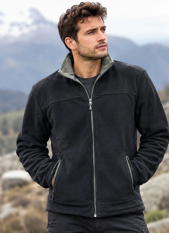 Herren Schwarze Fleecejacke mit Reißverschluss und grauem Stehkragen – Größe M