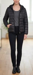 Gesteppte Damenjacke mit Kapuze – schwarz – Größe 38