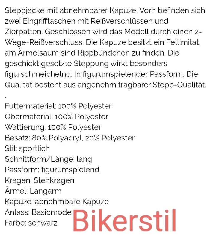 Damen Steppjacke Biker Style mit Kapuze und Kunstfellbesatz – Größe 42 – Schwarz – Bild 5 von 5